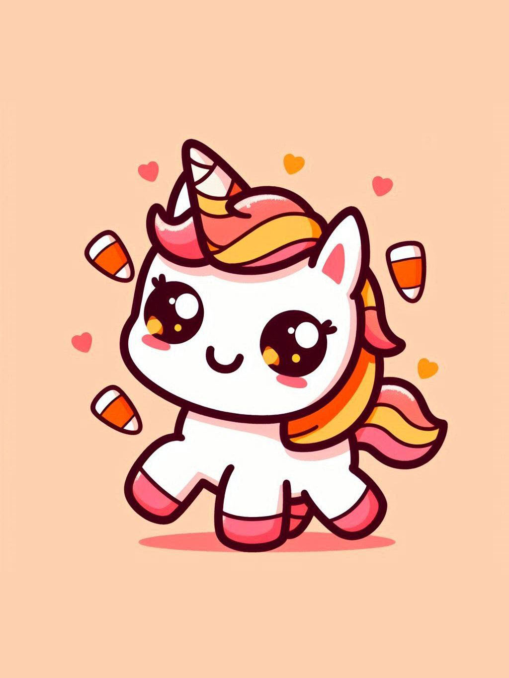 halloween unicorn illustration ideas featuring a cute unicorn with candy corn decorations, embodying a whimsical Halloween theme.